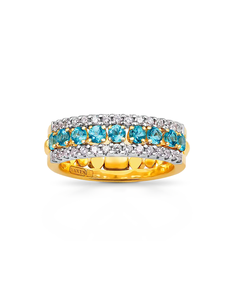 Anillo Aimi diamantes y topacios azules, oro