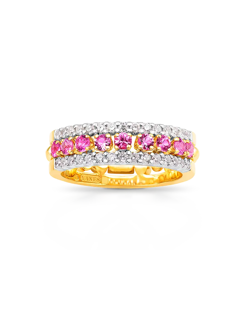 Anillo Aimi diamantes y zafiros rosas, oro