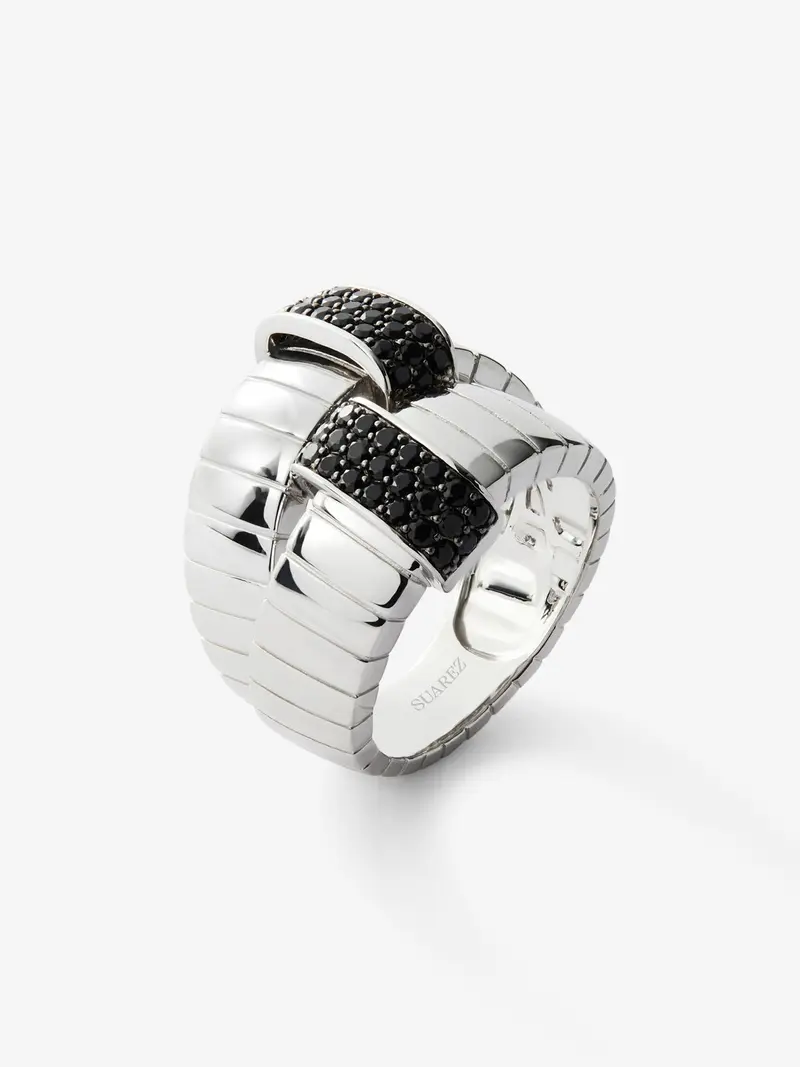 Anillo ancho multibrazo de plata 925 con 50 espinelas negras en talla brillante