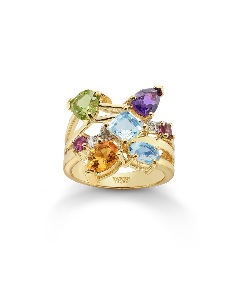 Anillo Bouquet gemas multicolor, plata dorada