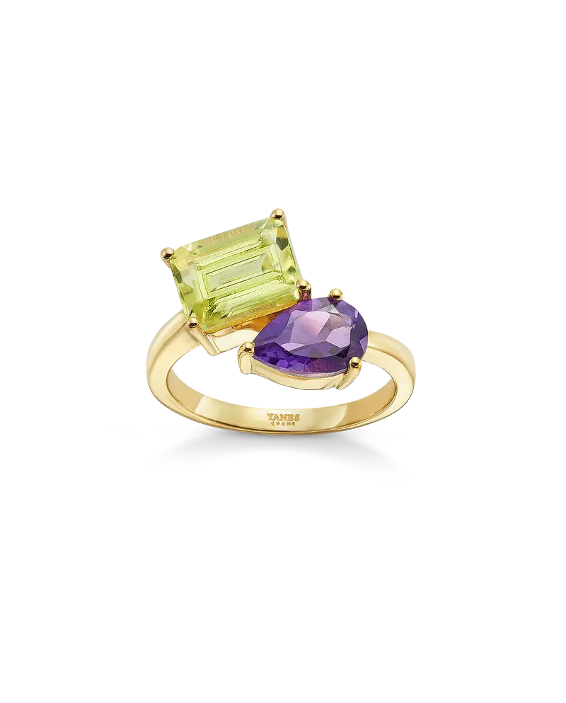 Anillo Bow cuarzo limón y amatista, plata dorada