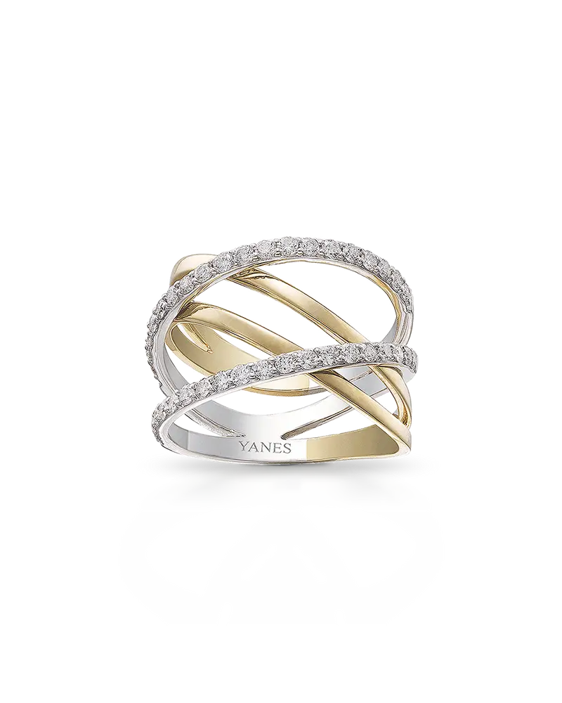 Anillo Casual aros cruzadas y diamantes, oro bicolor