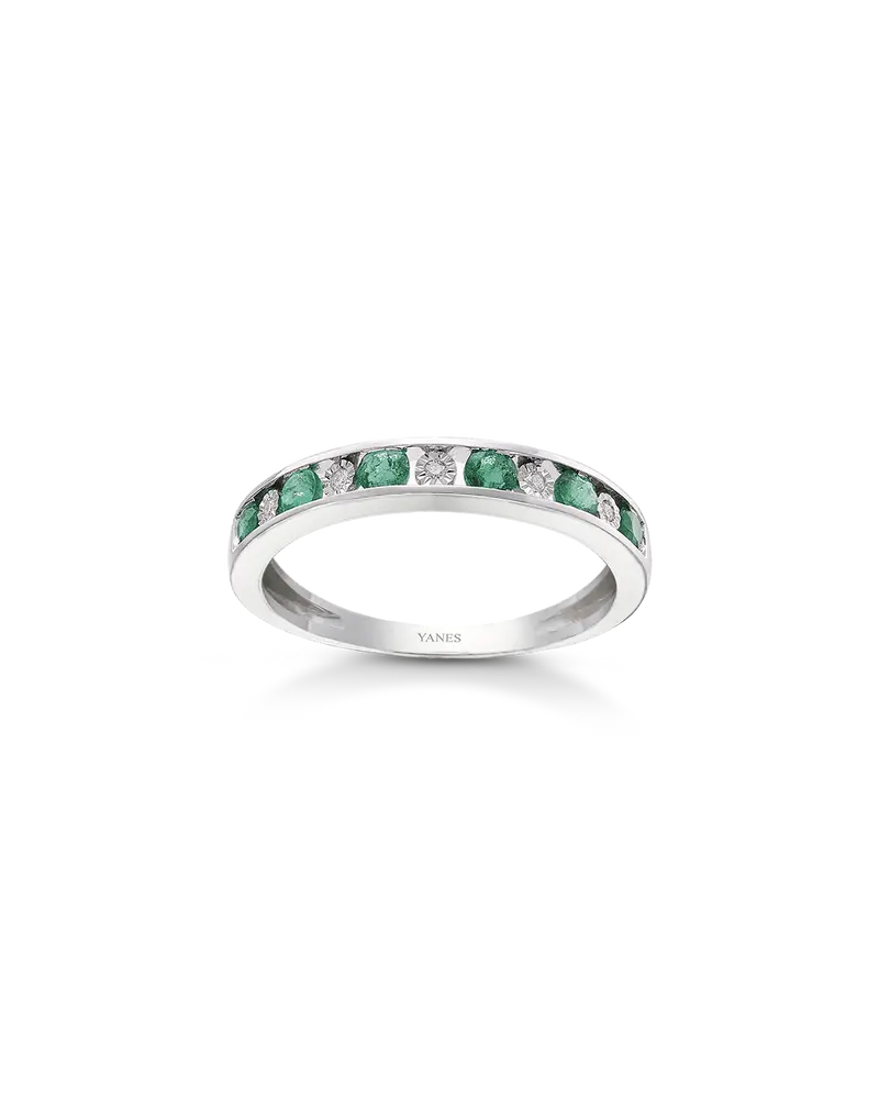 Anillo Channel esmeraldas y diamantes, oro blanco