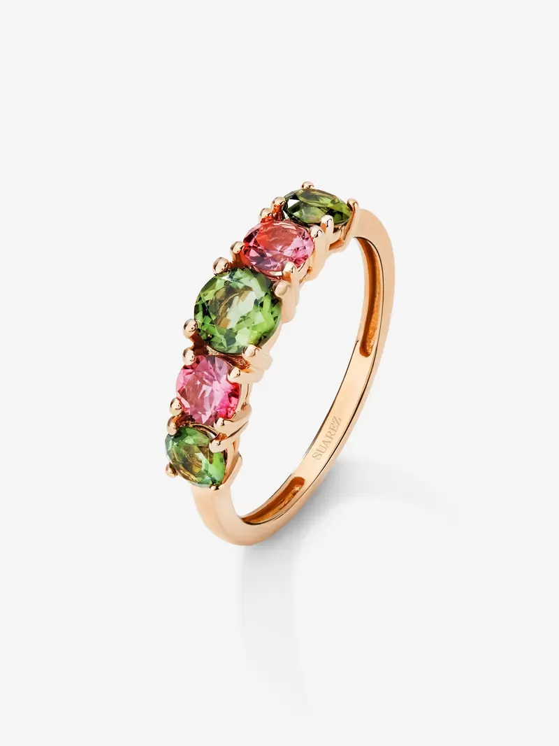 Anillo cinquillo de oro rosa de 18K con 5 turmalinas multicolor en talla brillante