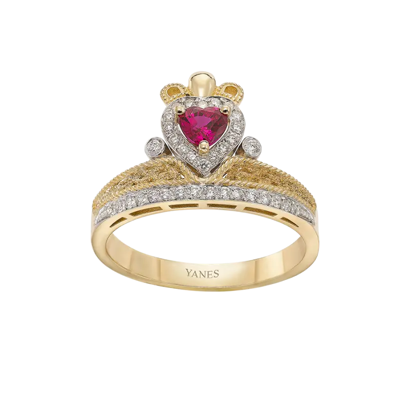 Anillo Claddagh rubí y diamantes, oro