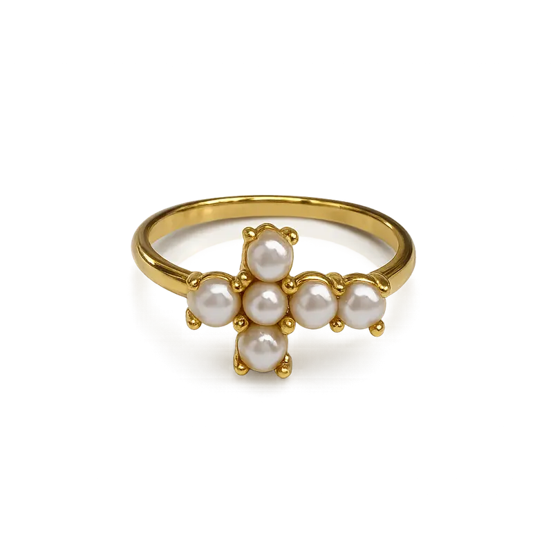 Anillo cruz perlas plata de ley y baño de oro 18K