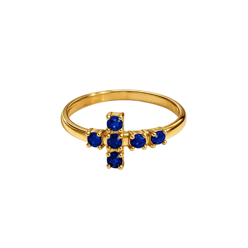 Anillo cruz piedras azules plata de ley y baño de oro 18K