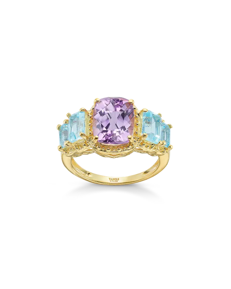 Anillo Cushion amatista y topacios azules, plata dorada