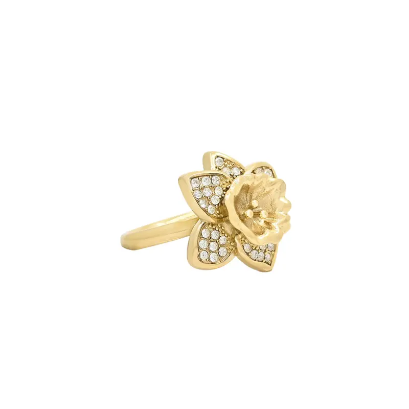 Anillo de acero con flor de Lis y circonitas acabado oro