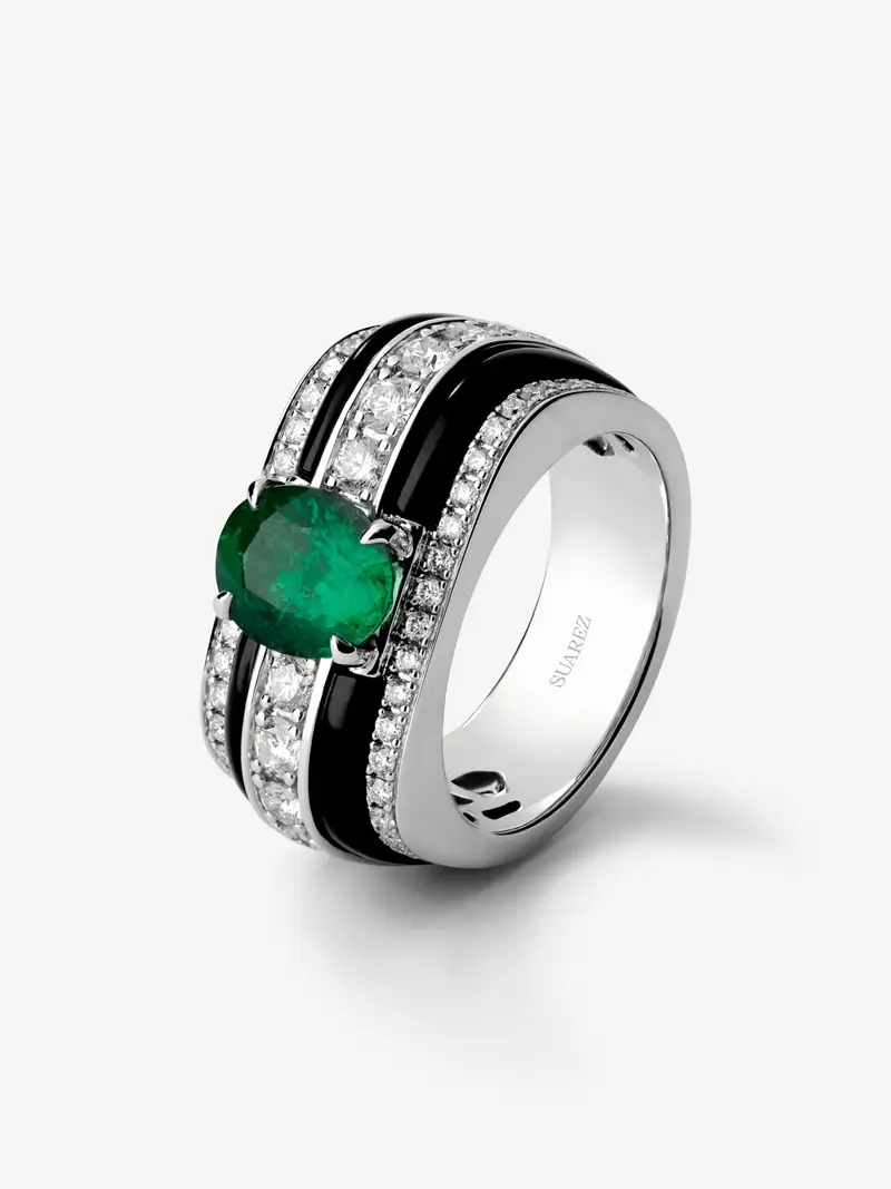 Anillo de Alta Joyería en oro blanco de 18K con esmeralda verde, ónix negro y diamantes