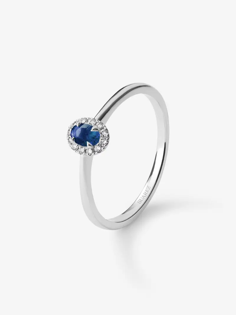 Anillo de oro blanco de 18K con zafiro azul en talla oval de 0,25 cts y 12 diamantes en talla brillante con un total de 0,06 cts