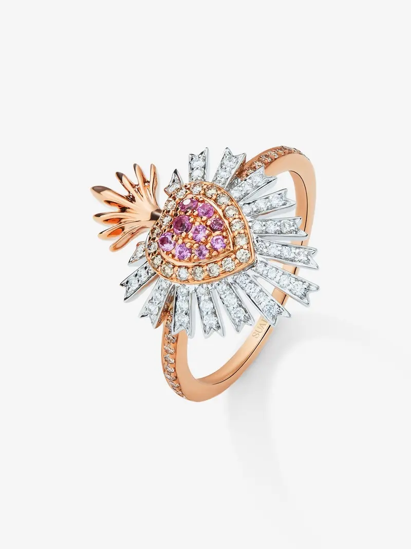 Anillo de oro blanco y rosa de 18K con zafiros rosas en talla brillante con un total de 0,1 cts, diamantes blancos y marrones en talla brillante con un total de 0,34 cts