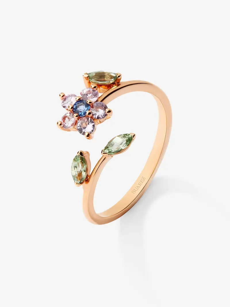 Anillo de oro rosa de 18K con 9 zafiros rosas, verdes y azules en talla brillante y marquise con un total de 0,55 cts