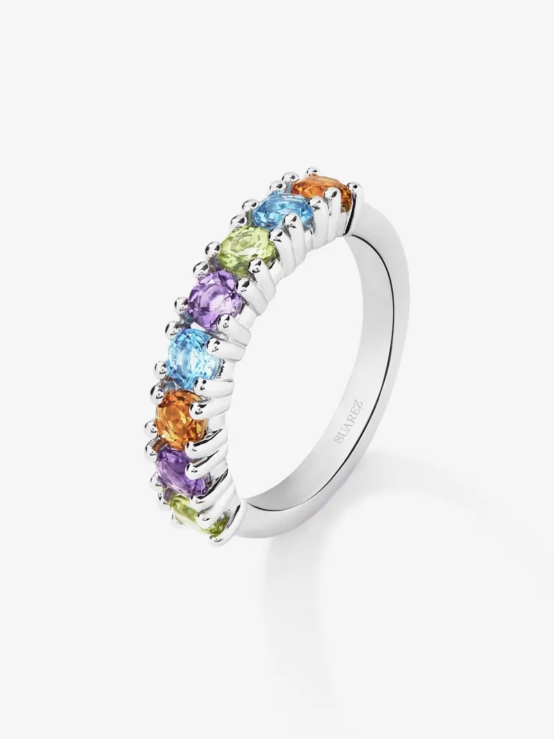 Anillo de plata 925 con peridotos, amatistas moradas, cuarzos citrinos y topacios azul swiss en talla brillante