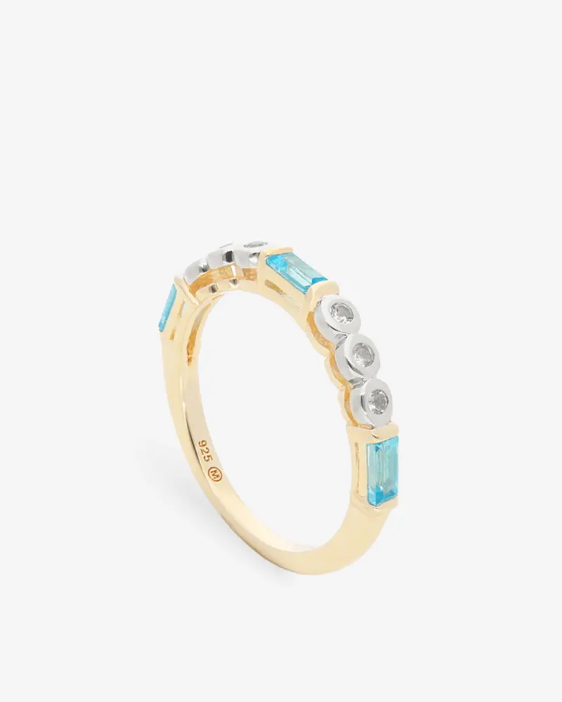 Anillo de Plata con Topacio Blanco y Topacio Azul en Plata 925 chapada en oro