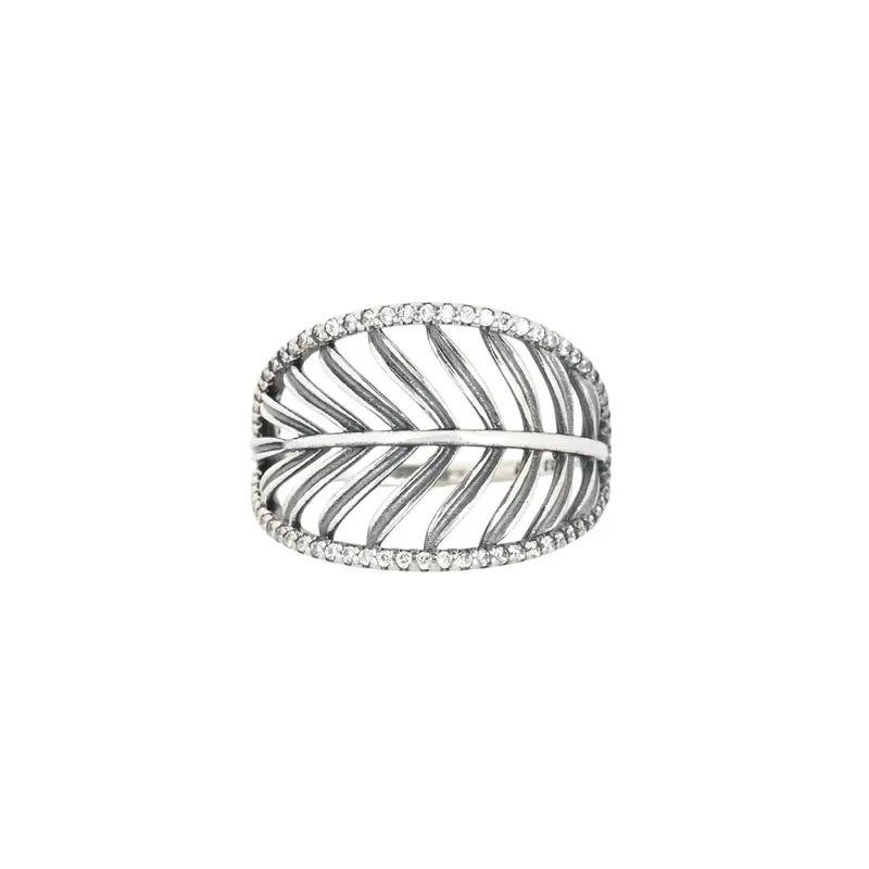 Anillo de plata esterlina S925 con diseño de hoja y circonitas acabado plata - mbyou