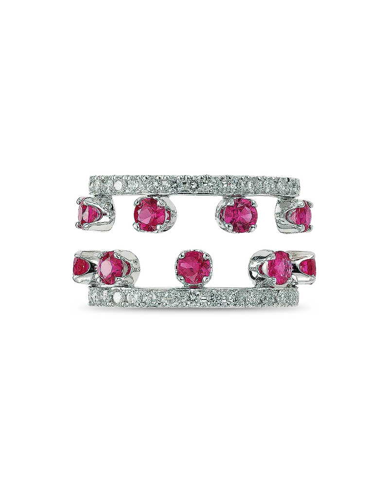 Anillo doble rubíes y diamantes, oro blanco