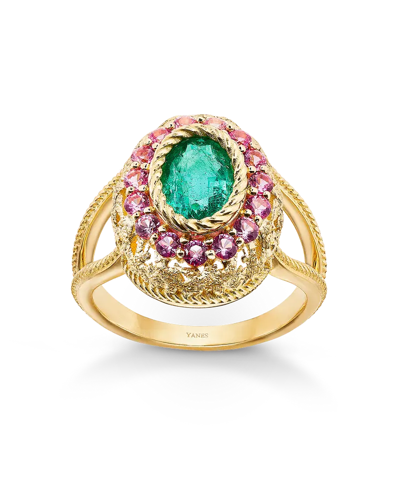 Anillo Garden esmeralda zafiro rosa, oro