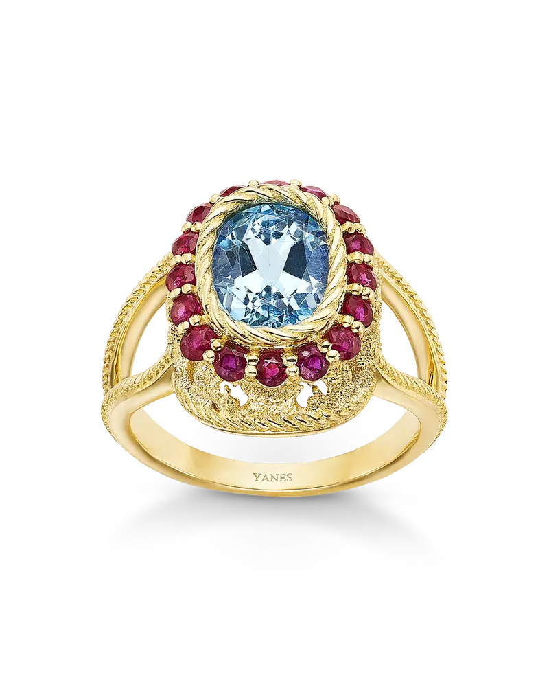 Anillo Garden topacio azul y rubí, oro