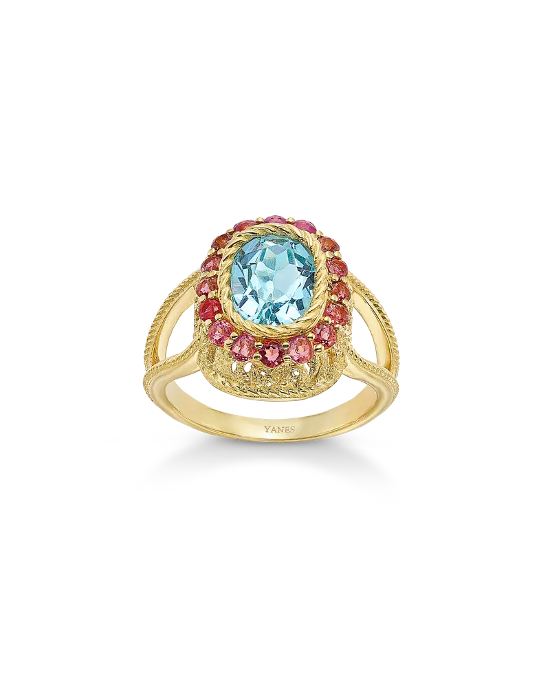 Anillo Garden topacio azul y turmalina rosa, oro