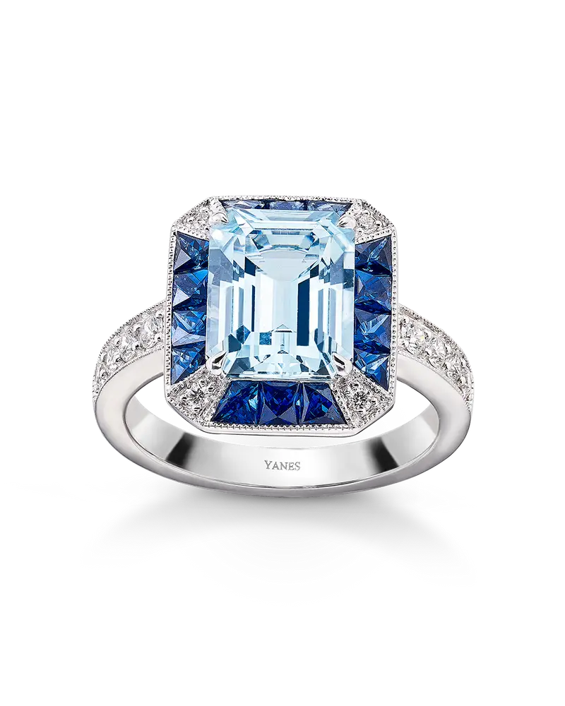 Anillo Gran Anne aguamarina, diamante y zafiro, oro blanco
