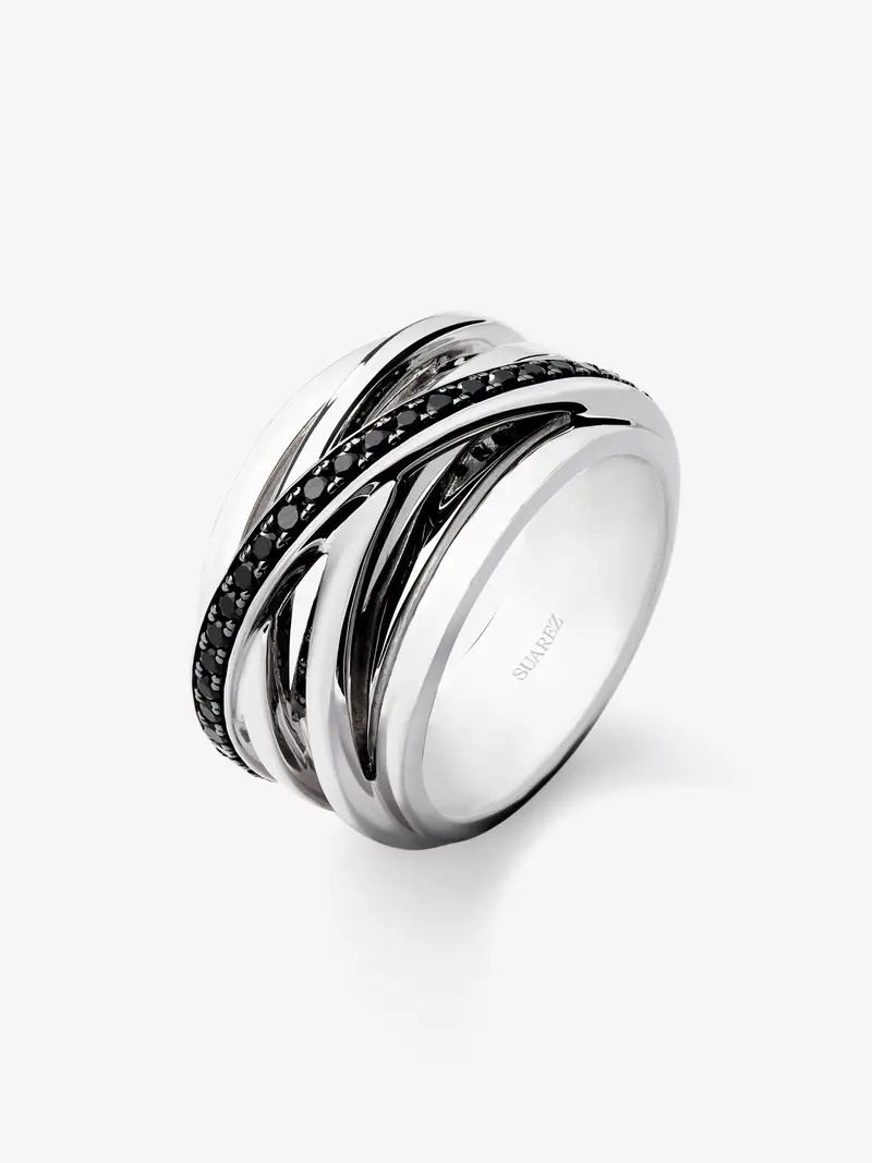 Anillo multibrazo cruzado de plata 925 con 36 espinelas negras en talla brillante