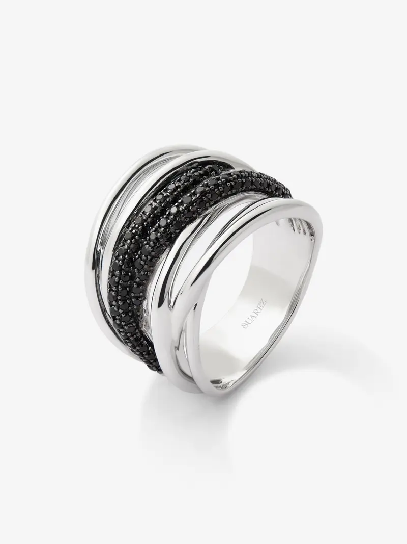 Anillo multibrazo cruzado de plata 925 con 97 espinelas negras en talla brillante