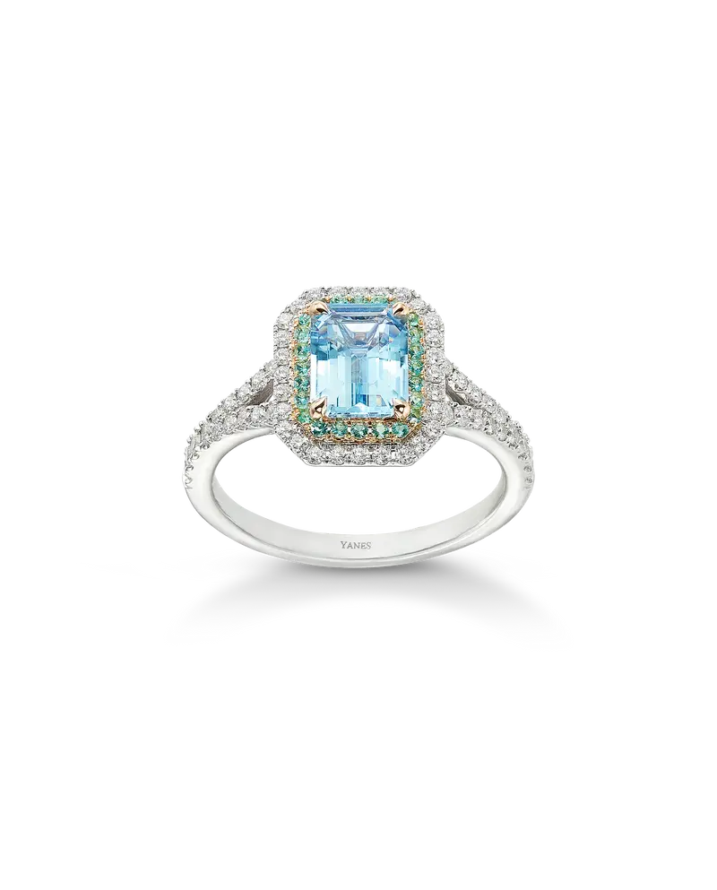 Anillo Santa María aguamarina, turmalinas y diamantes, oro blanco
