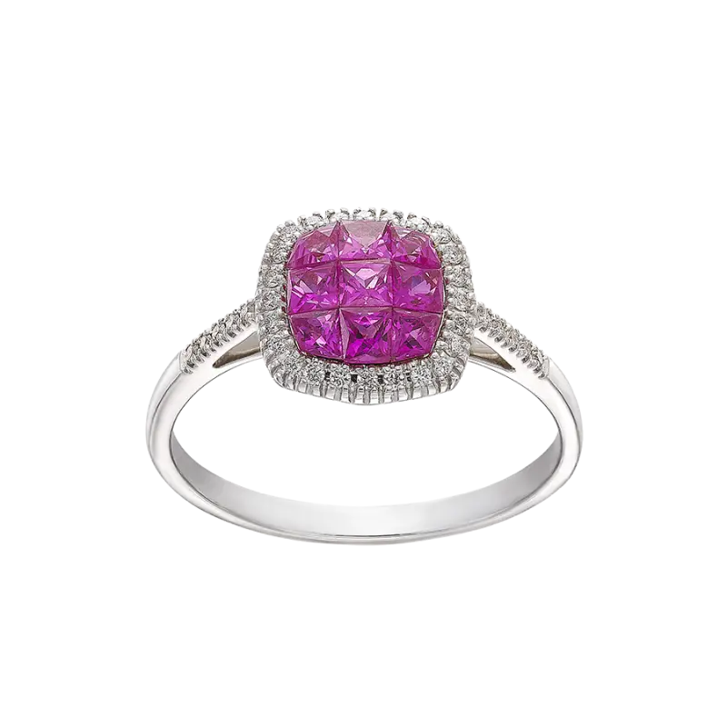 Anillo Square, zafiros rosas y diamantes, oro blanco