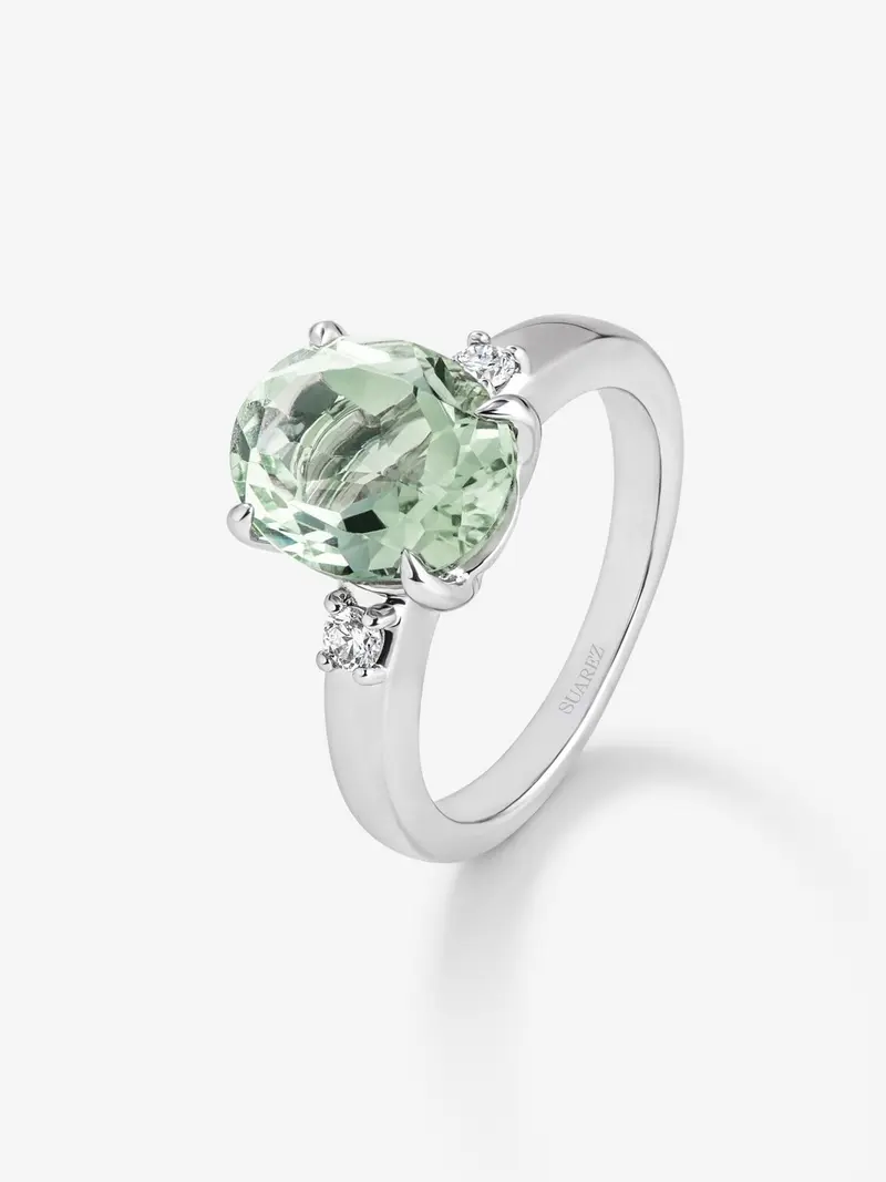 Anillo tresillo de plata 925 con amatista verde y diamantes