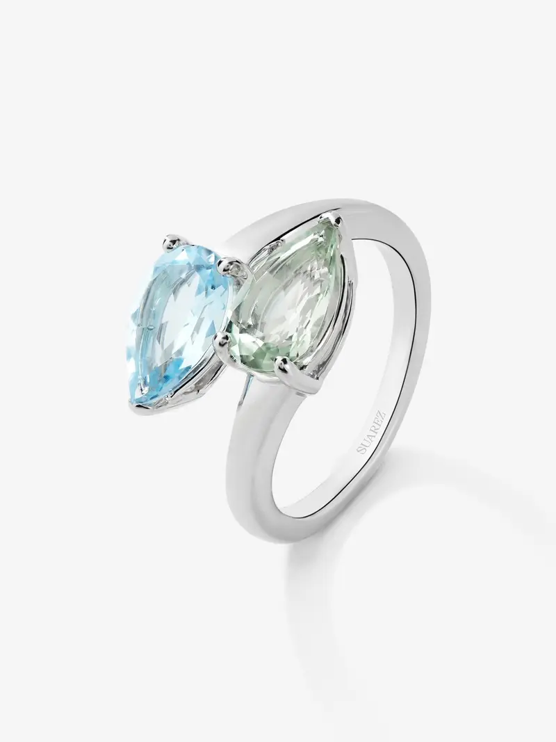 Anillo tú y yo de plata 925 con topacio azul sky y amatista verde en talla pera