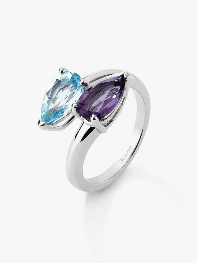 Anillo tú y yo de plata con piedras amatista morada y topacio azul Sky