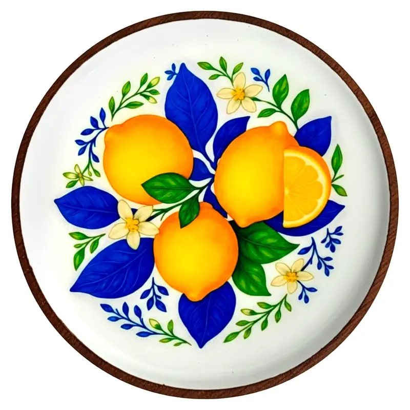 Bandeja decorativa de madera y resina con motivo de limones asimétrico.