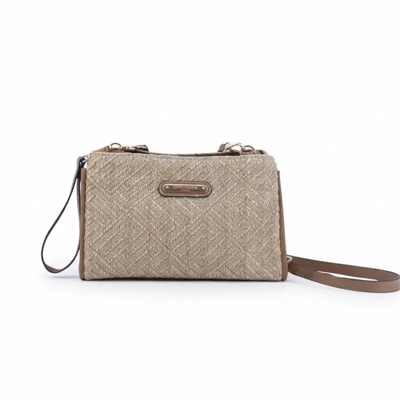 Bolso bandolera de fibra 100% natural mezclado con beige y dorado con doble cremallera