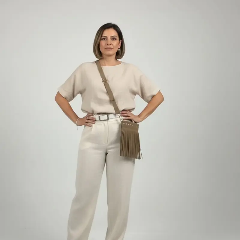 Bolso bandolera de piel 100% ante con flecos y tachuelas en color beige- mbyou