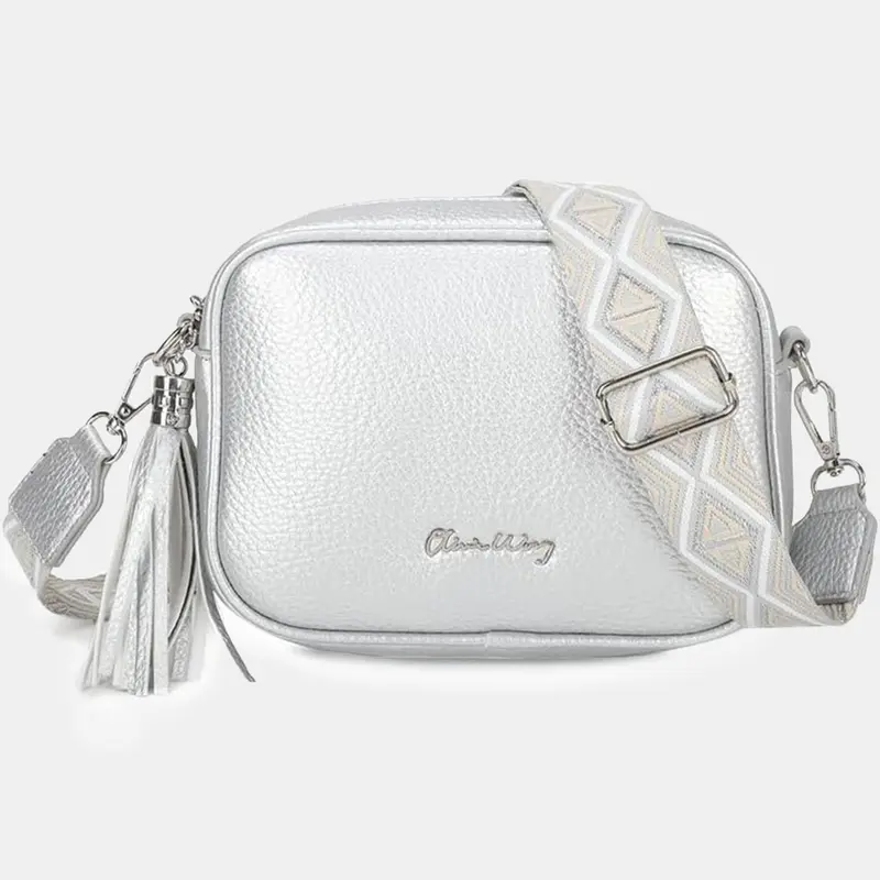 Bolso bandolera mujer pequeño de cuero PU con dos bandoleras bolso mensajero para cruzar PU - Plata