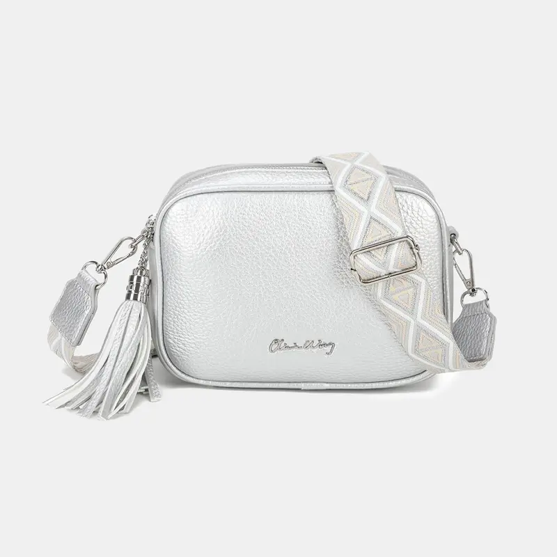 Bolso bandolera mujer pequeño de cuero PU dos compartimentos y dos bandoleras, bolso mensajero para cruzar polipiel regalo original para mujer - Plata