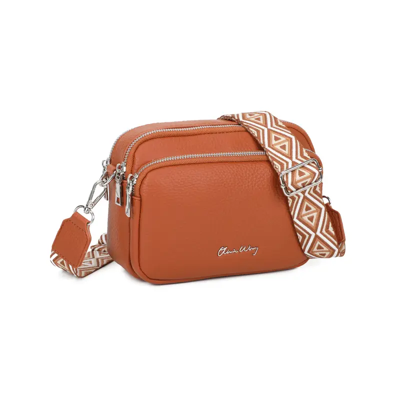 Bolso bandolera mujer pequeño de cuero PU tres compartimentos y dos bandoleras, bolso mensajero para cruzar polipiel regalo original para mujer - Marrón