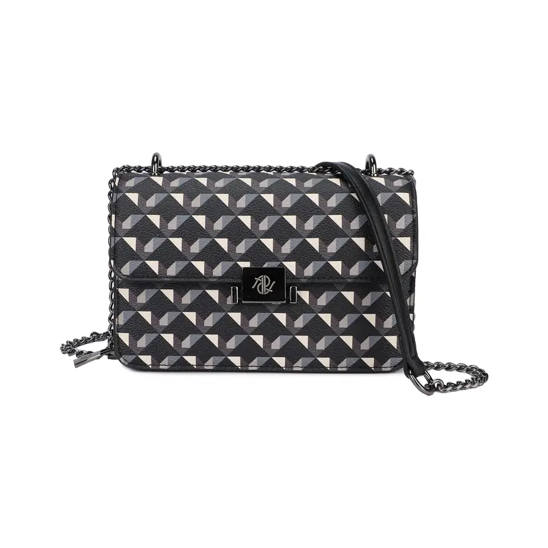 Bolso cartera de mano y bandolera con cadena estampado geométrico colores negro, blanco y gris - mbyou