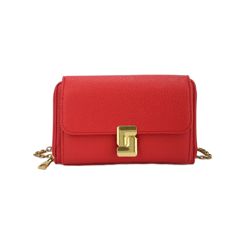 Bolso cartera de mano y monedero con cadena bandolera en color rojo