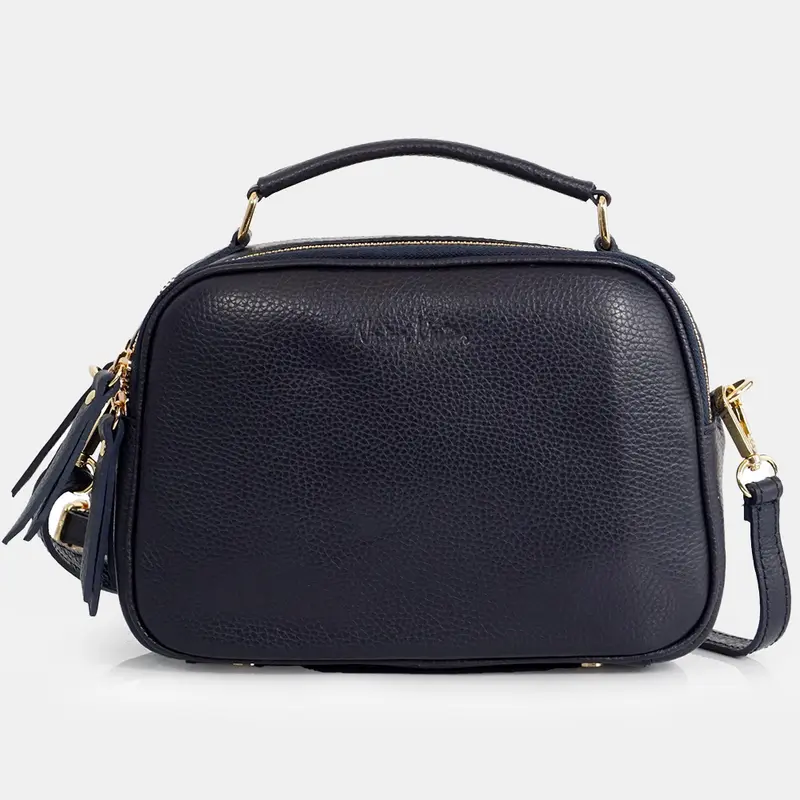 Bolso de bandolera de piel con asa de mano doble cremallera Azul marino Elsa