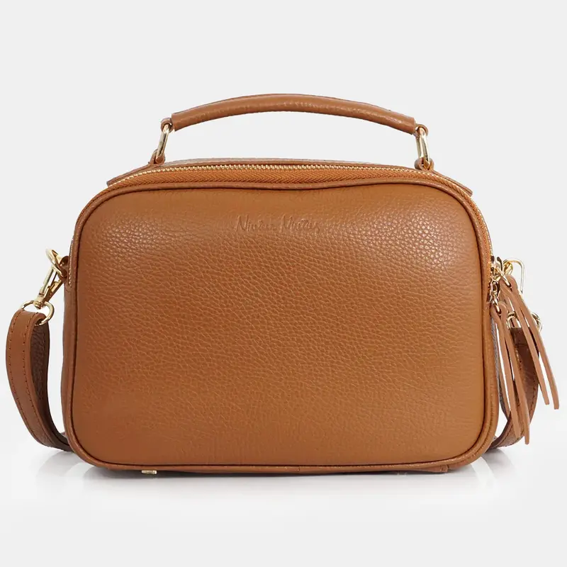Bolso de bandolera de piel con asa de mano doble cremallera Marrón Elsa