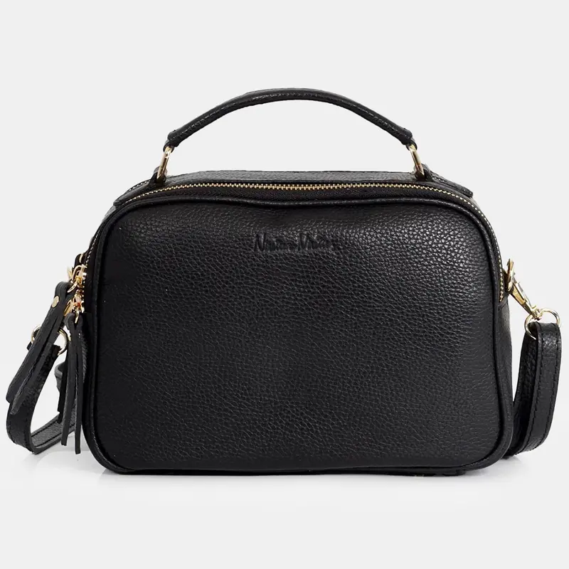 Bolso de bandolera de piel con asa de mano doble cremallera Negro Elsa