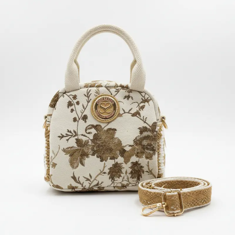 Bolso de fibra natural pequeño con asas y estampado floral