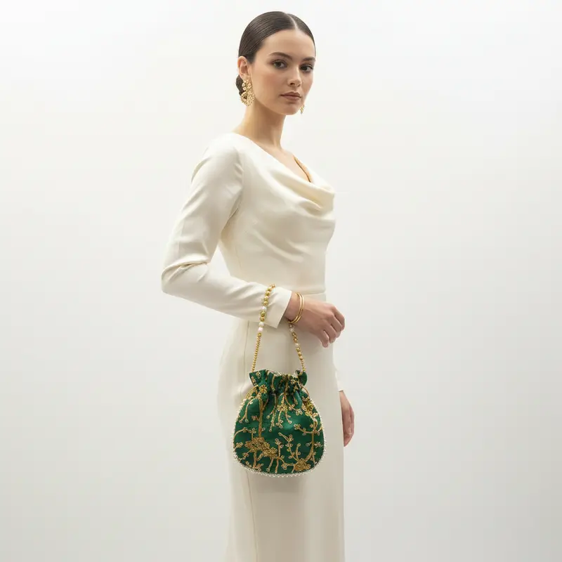 Bolso de fiesta limosnera verde con diseño de flores y asa de cuentas en acabado oro