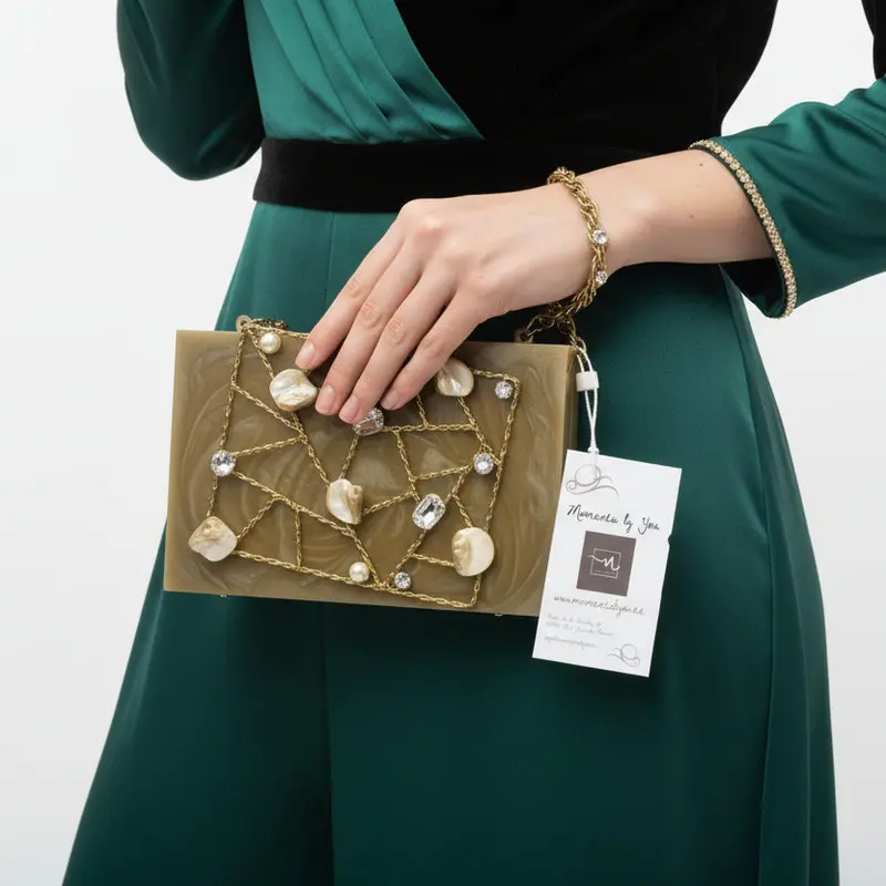 Bolso de fiesta marrón marmolado estructura geométrica decorada con piedras y circonitas