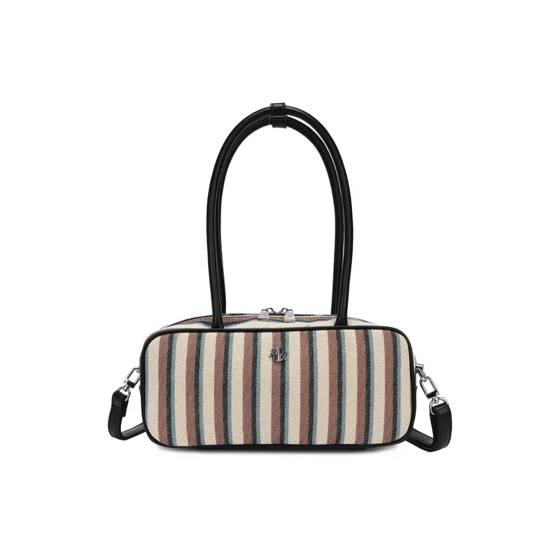 Bolso de hombro con asas largas y a rayas en negro y azul