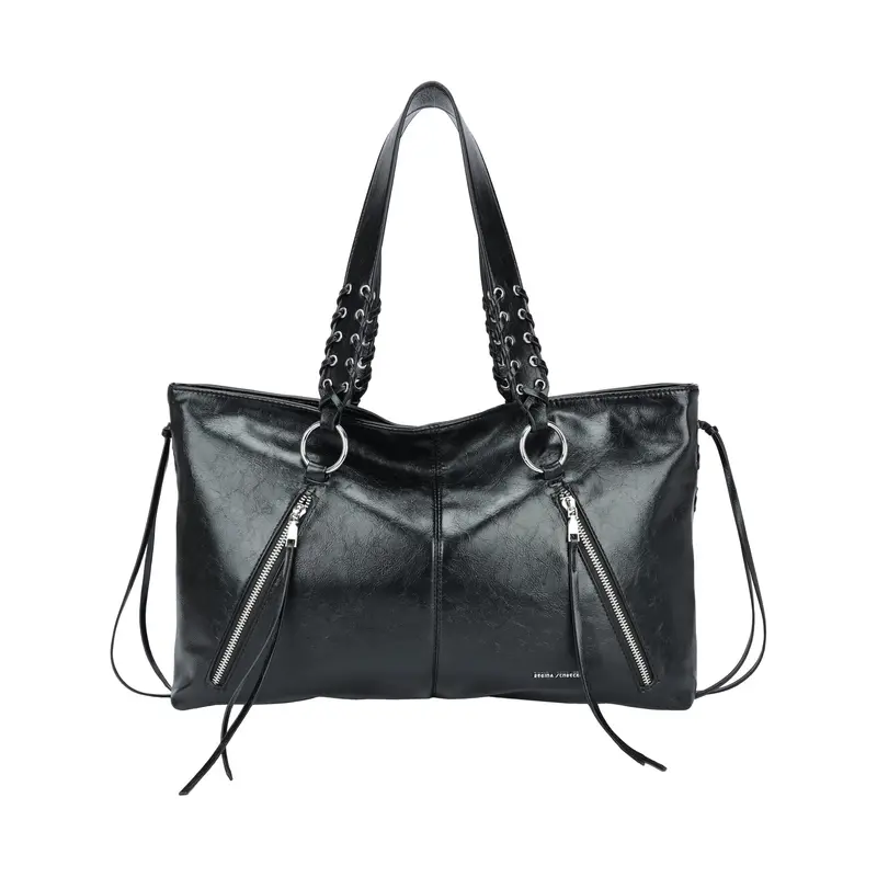 Bolso de hombro con cremalleras y diseño trenzado en color negro y plata