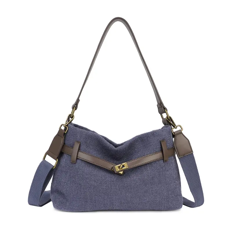 Bolso de hombro de lino con cinturón y hebilla color azul marino