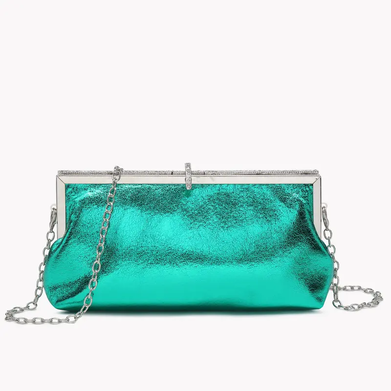 Bolso de mano de fiesta metalizado en color verde eléctrico y plata